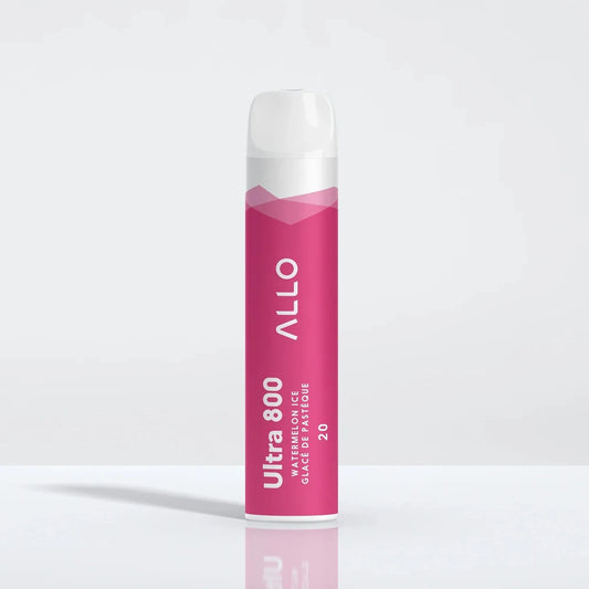 Allo Ultra 800 Watermelon Ice disposable vape featuring a pink cylindrical body with white text and a clear mouthpiece on a white reflective surface.