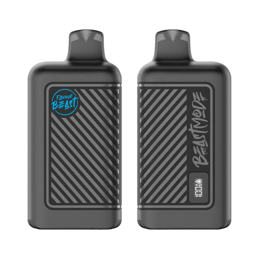 Two black Flavour Beast disposable vapes are displayed against a white background, with the left unit showing the brand logo and the right unit featuring a digital display screen showing 100% battery and liquid levels alongside the text Beast Mode.