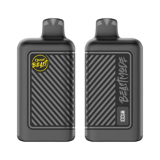 Front and back view of two black Flavour Beast Mode 8K disposable vapes featuring a diagonal striped texture, a yellow brand logo, and a digital display screen showing battery and e-liquid levels.