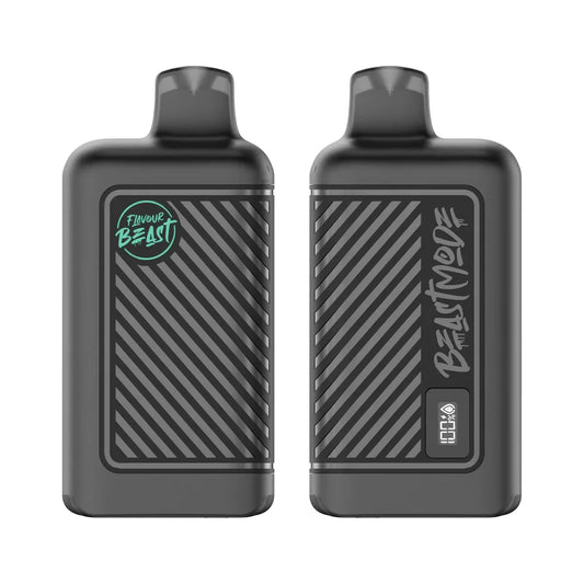 Two black Flavour Beast disposable vapes are shown side-by-side, with the left unit displaying the brand logo and the right unit featuring the Beast Mode text and a digital battery and e-liquid percentage display.