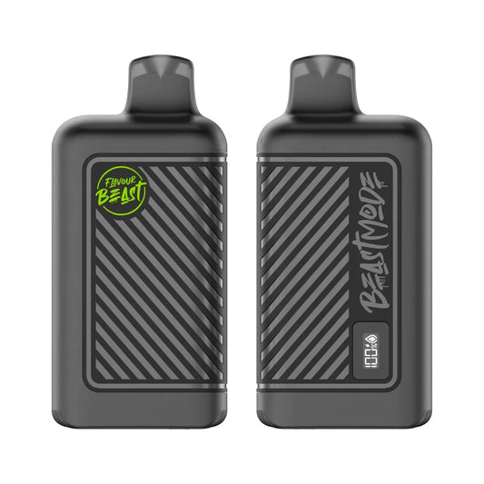 Two matte black Flavour Beast disposable vapes are displayed side-by-side, with the left unit showing the brand logo and the right unit featuring a digital display screen labeled Beast Mode.