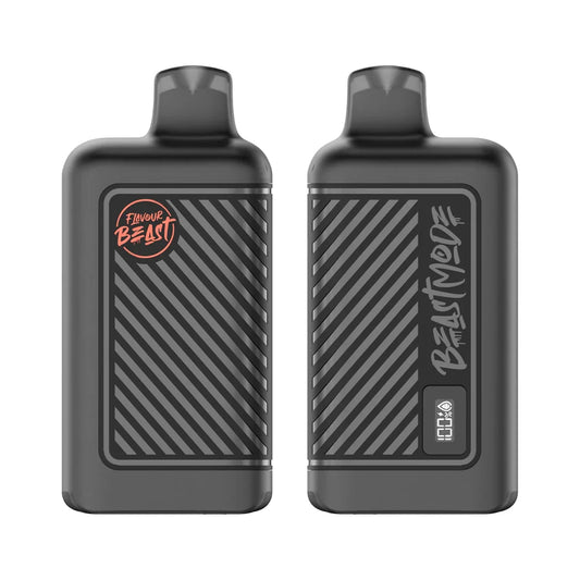 Two black Flavour Beast disposable vapes are shown side-by-side, with the left device displaying the orange Flavour Beast logo and the right device featuring the Beast Mode text and a digital battery and liquid level display.