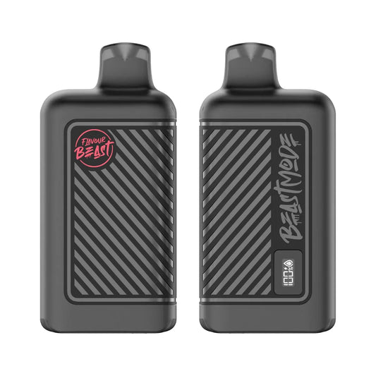 Two matte black Flavour Beast Mode 8K disposable vapes are displayed side-by-side, featuring a striped textured panel, a digital battery and e-liquid level indicator, and branding that reads Flavour Beast and Beast Mode.
