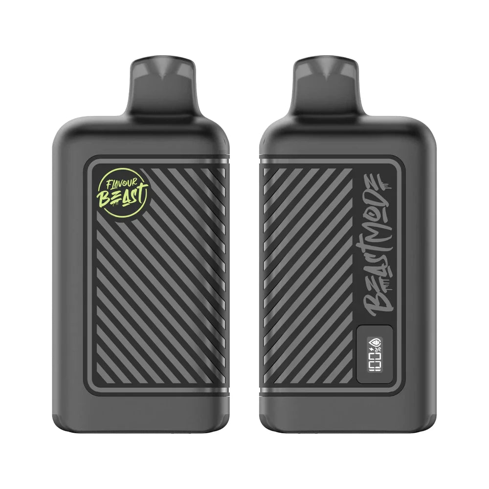 Two black Flavour Beast Mode 8K disposable vapes shown from front and back angles, featuring a diagonal striped texture, a green circular logo, the text Beast Mode, and a digital display screen indicating 100% battery and e-liquid levels.
