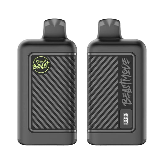 Two black Flavour Beast Mode 8K disposable vapes shown from front and back angles, featuring a diagonal striped texture, a green circular logo, the text Beast Mode, and a digital display screen indicating 100% battery and e-liquid levels.