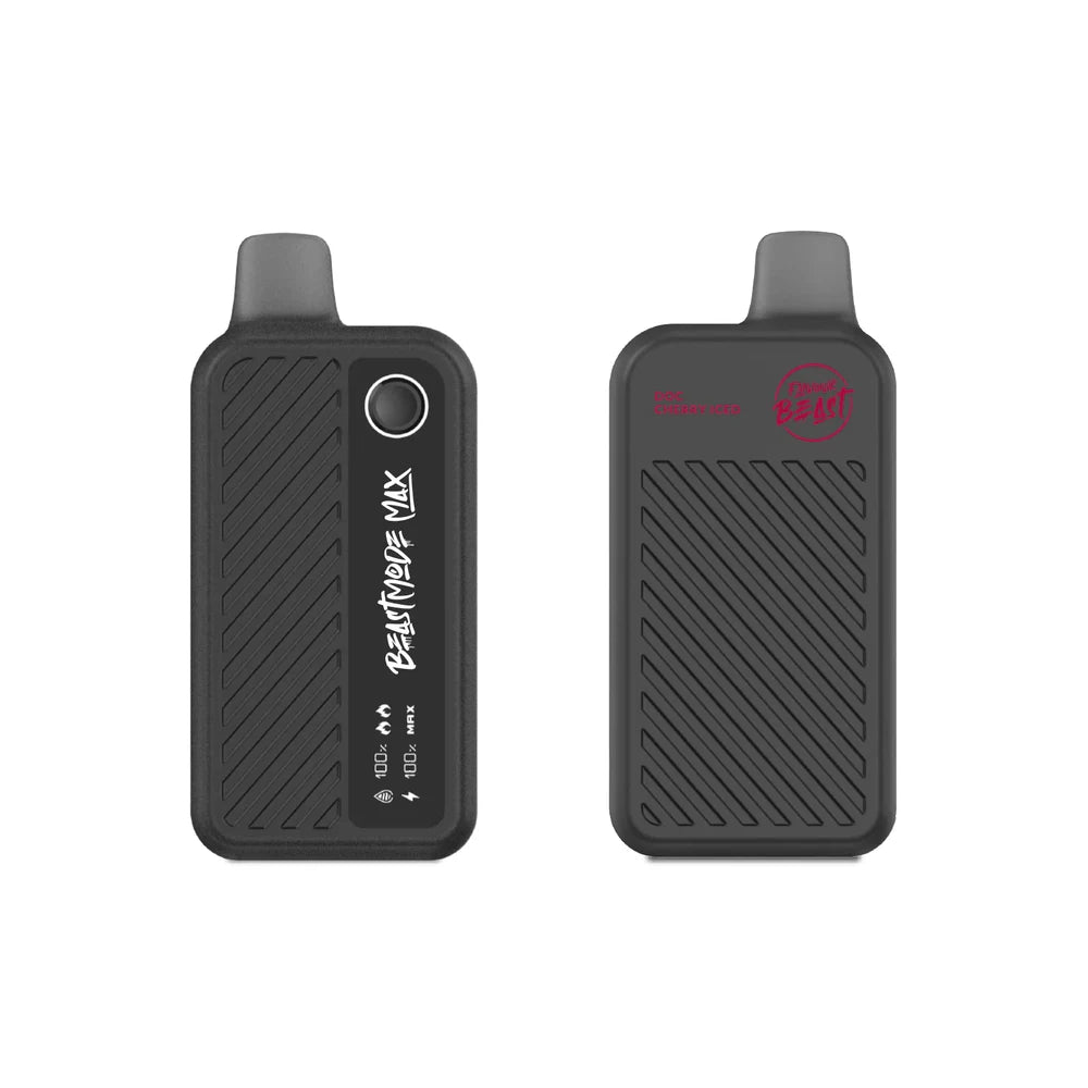 Two Flavour Beast Mode Max 18K disposable vapes in Doc Cherry Iced flavor, shown from the front and back, featuring a matte black textured body, a digital display screen, and the Flavour Beast logo.