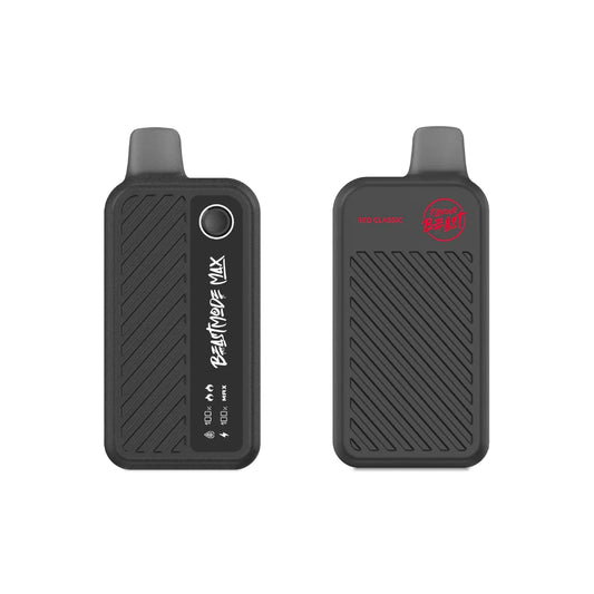 Two views of a black Beast Mode Max 18K disposable vape device featuring a textured diagonal-striped body, a digital display showing battery and liquid levels, and Red Classic branding.