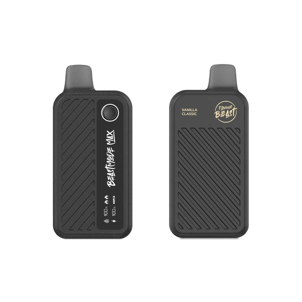 Two black Flavour Beast Max disposable vapes shown from the front and back, featuring a digital display with battery and e-liquid indicators, a button, and Vanilla Classic branding against a plain white background.