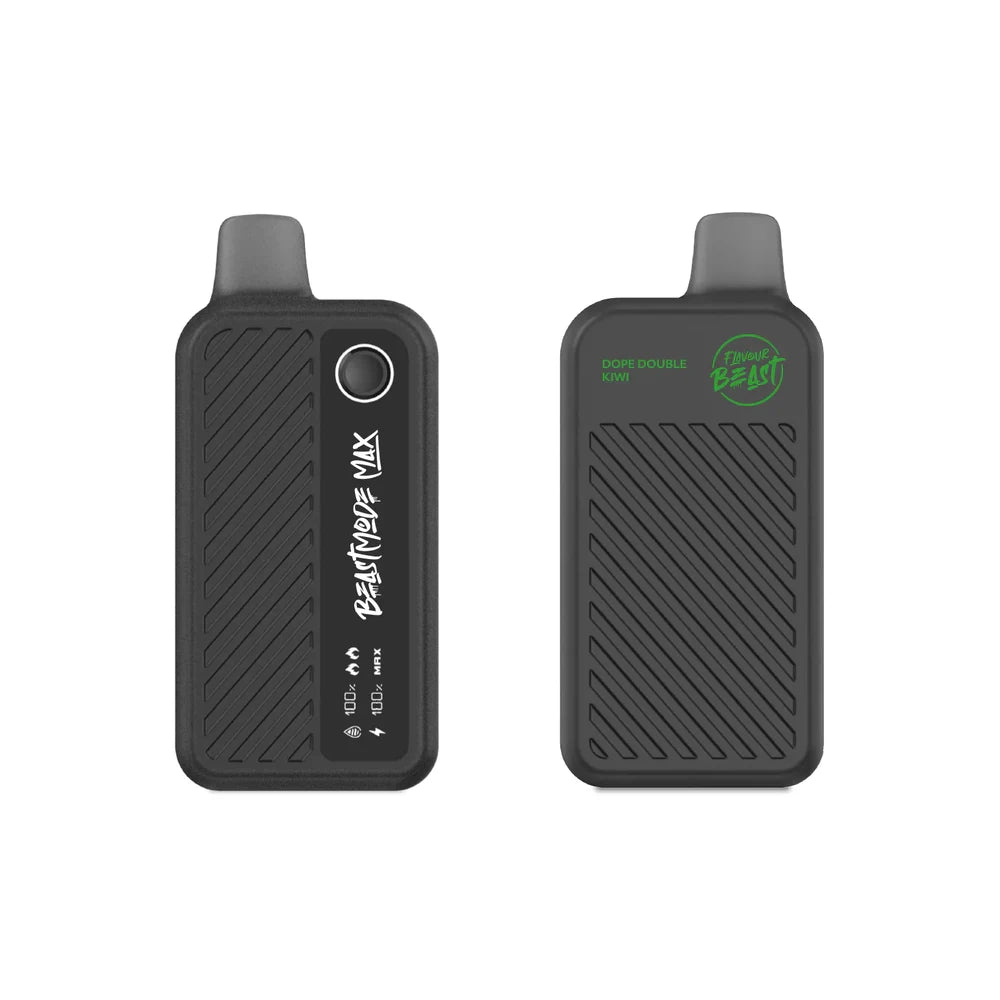 Two black Flavour Beast Mode Max 18K disposable vapes in the Dope Double Kiwi flavor are shown against a white background, with one device displaying its digital screen and the other showing the brand logo and flavor name.