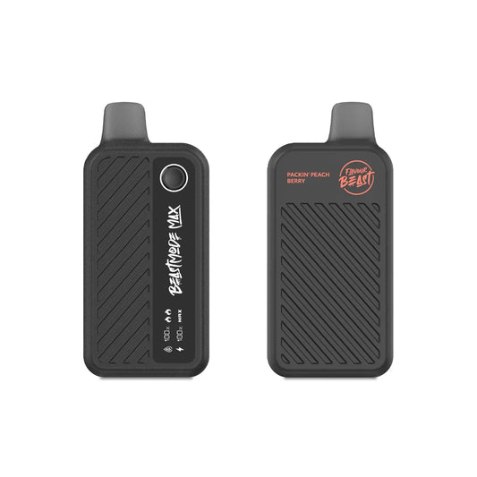 Two views of a black Flavour Beast Mode Max 18K disposable vape in the Packin' Peach Berry flavor, showing the front display screen with battery and liquid indicators alongside the textured side panel with branding.