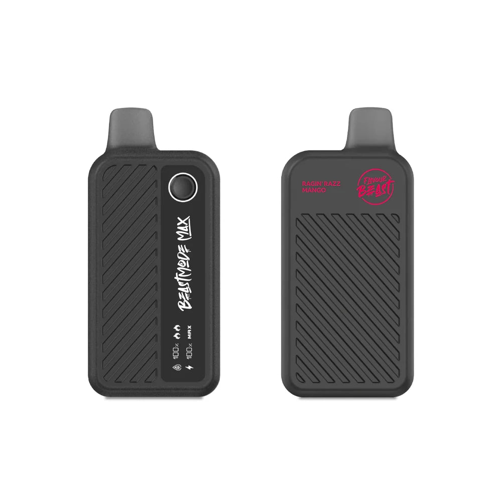 Front and back view of a matte black Flavour Beast Mode Max 18K disposable vape in Ragin' Razz Mango, featuring a digital display screen showing battery and e-liquid levels alongside a textured grip design.