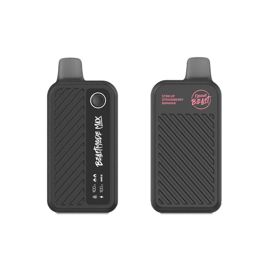 Two black Flavour Beast Mode Max 18K disposable vapes are shown side-by-side against a white background, with the left device displaying a digital screen with battery and liquid levels and the right device featuring the text STR8 UP STRAWBERRY BANANA and the Flavour Beast logo.