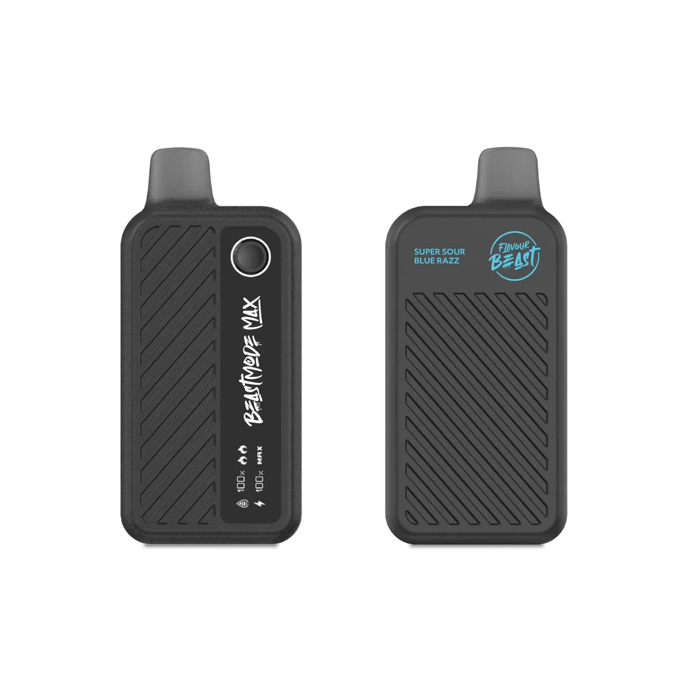 Two views of a matte black Flavour Beast Mode Max 18K disposable vape in Super Sour Blue Razz, showing the front display screen with battery and liquid indicators and the back panel with the flavor name and brand logo.