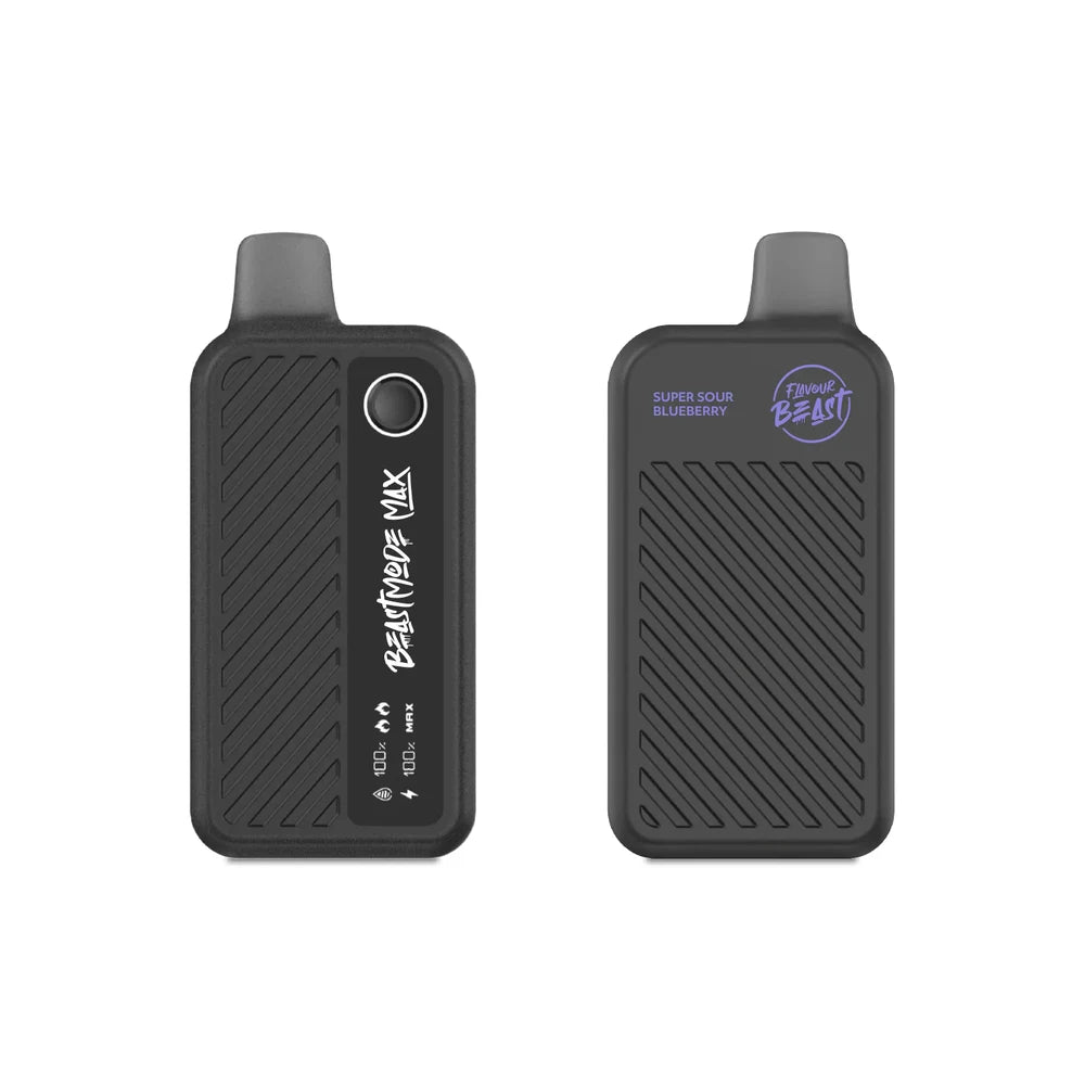 Two Flavour Beast Mode Max 18K disposable vapes in Super Sour Blueberry flavor are shown against a white background, displaying the front interface with a digital screen and the textured back panel with branding.