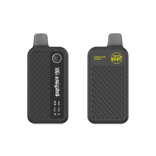 Front and back views of a black Beast Mode Max disposable vape featuring a textured diagonal grip, a digital display screen, and yellow Super Sour Lemon Flavour Beast branding.