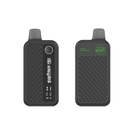 Two views of a black Flavour Beast Max 18K disposable vape in Super Spearmint flavor, showing the front display screen with battery and liquid indicators and the back panel with branding against a white background.