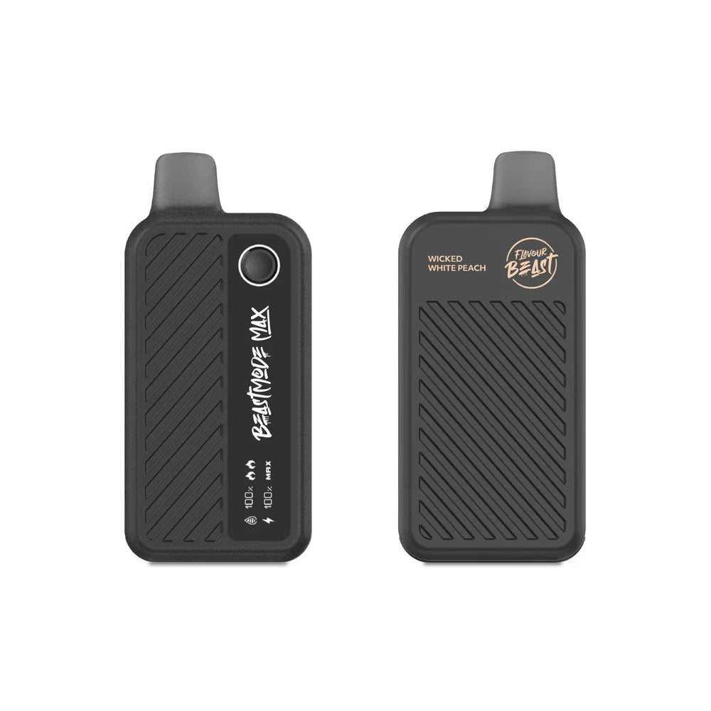 Two views of a matte black Flavour Beast Mode Max 18K disposable vape in Wicked White Peach, showing the front display screen with battery and liquid indicators and the branded textured back panel.