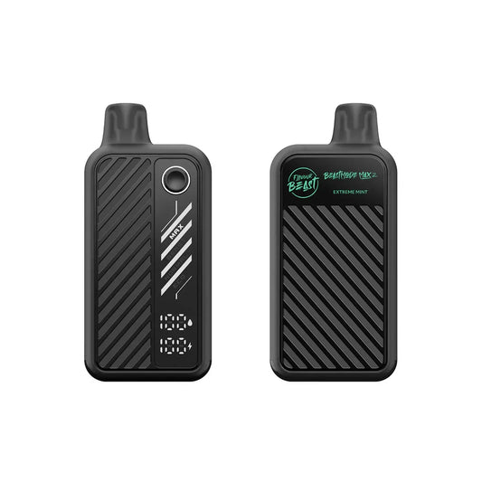Front and back views of a black Beast Mode Max 2 Extreme Mint disposable vape featuring a textured diagonal grip, a digital display for battery and liquid levels, and mint green branding.