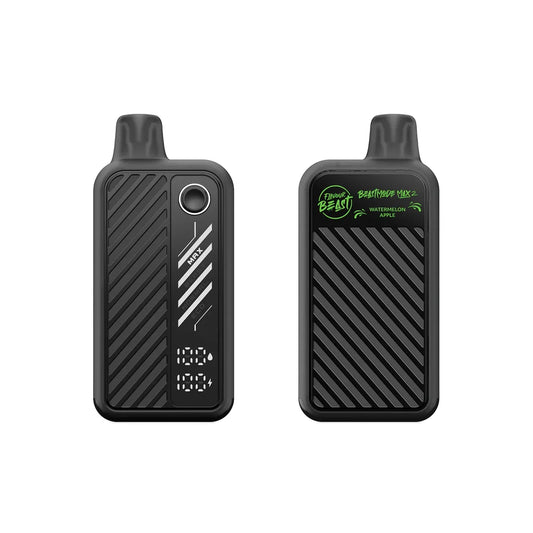 Two Flavour Beast Mode Max 2 disposable vapes in Watermelon Apple flavor are shown side-by-side, featuring a black textured design, a digital display screen, and a power mode selection button.