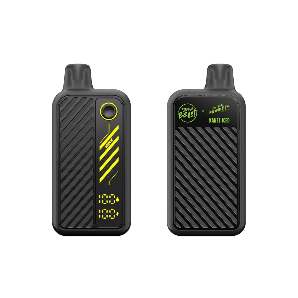 Two views of a black Flavour Beast x Twelve Monkeys Kanzi Iced disposable vape device featuring a digital display, power mode settings, and a textured diagonal-striped finish against a white background.