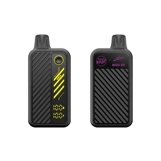 Front and back view of a black Flavour Beast x Twelve Monkeys Matata Iced disposable vape featuring a digital display showing 100 percent battery and e-liquid levels, power mode settings, and a textured diagonal striped finish.