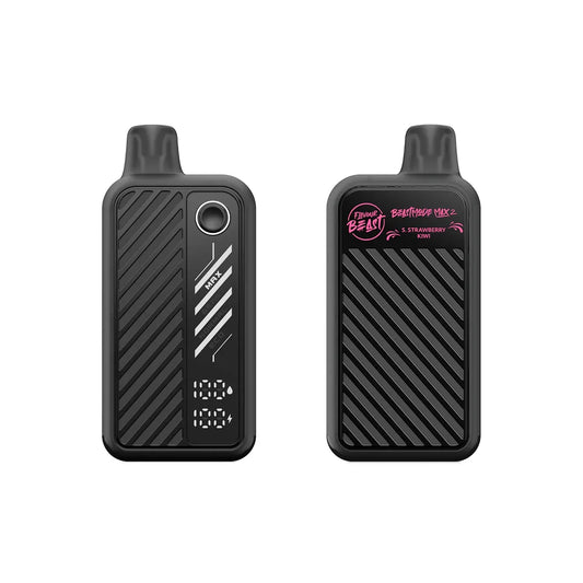 Front and back view of a black Flavour Beast Beastmode Max 2 disposable vape in S. Strawberry Kiwi flavor, featuring a digital display screen, power mode settings, and a textured diagonal striped finish.