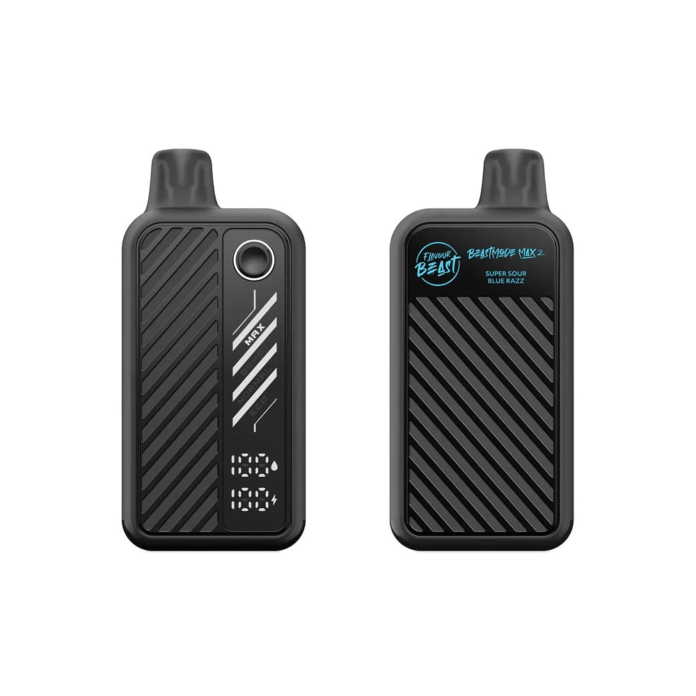 Two front and back views of a black Flavour Beast Beastmode Max 2 disposable vape in Super Sour Blue Razz flavor, featuring a digital display screen, power mode settings, and a textured diagonal-striped finish against a plain white background.