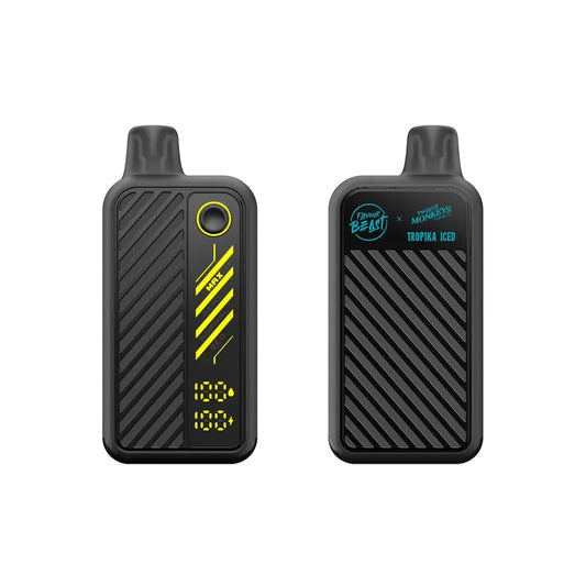 Two views of a black Flavour Beast x Twelve Monkeys Tropika Iced disposable vape device featuring a digital display, power mode settings, and a textured diagonal-striped finish.