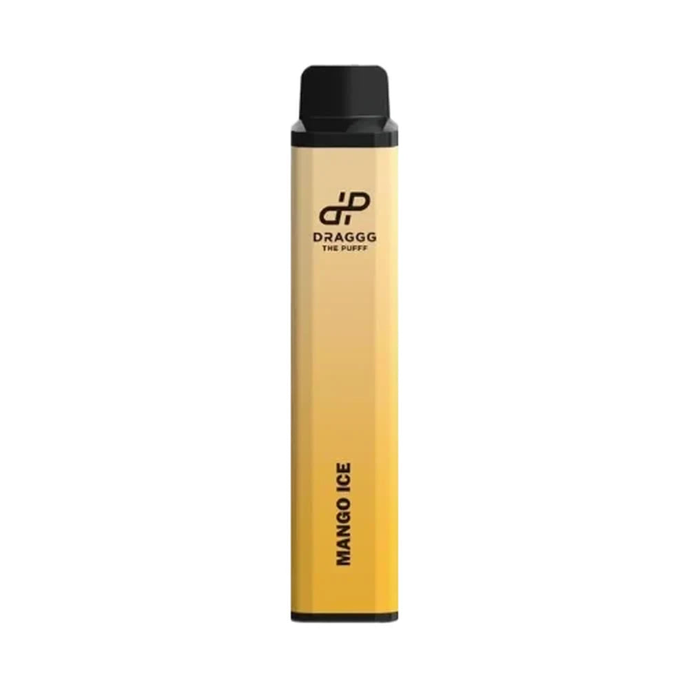 A slim Draggg Mango Peach Ice disposable vape device featuring a yellow-to-orange gradient
