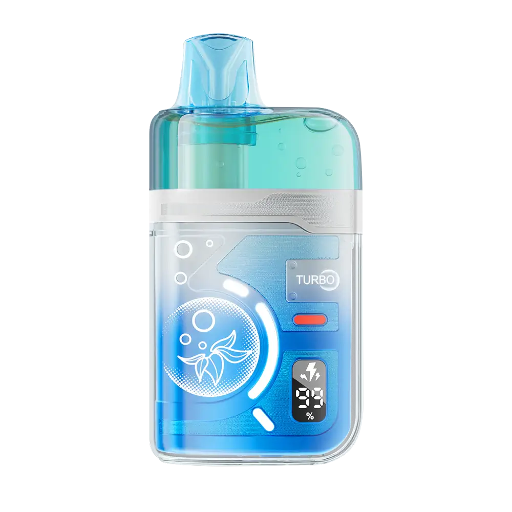 An ELFBAR BC Pro 80K Blueberry Ice disposable vape featuring a transparent blue and teal casing with a digital battery display and Turbo mode indicator.