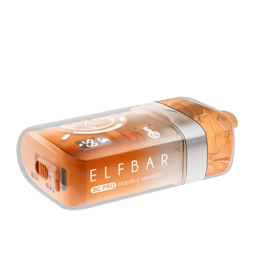 An orange ELFBAR BC Pro Double Mango disposable vape with a translucent outer shell, digital display screen, and silver band detail shown on a white background.