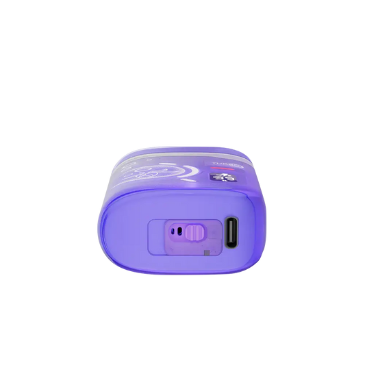 Bottom view of a purple ELFBAR BC Pro 80K Grape Ice disposable vape showing the USB-C charging port and airflow adjustment switch.