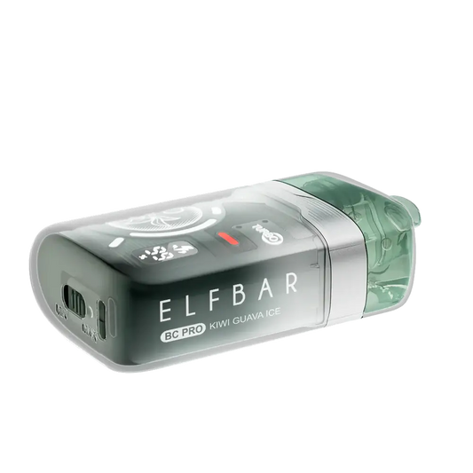 An ELFBAR BC Pro Kiwi Guava Ice disposable vape with a translucent green casing, featuring a digital display screen and a silver mouthpiece.