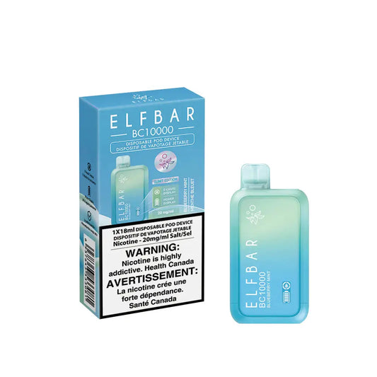ELFBAR BC10000 Blueberry Mint disposable vape device and its blue packaging featuring a gradient teal design, product labels, and a health warning.