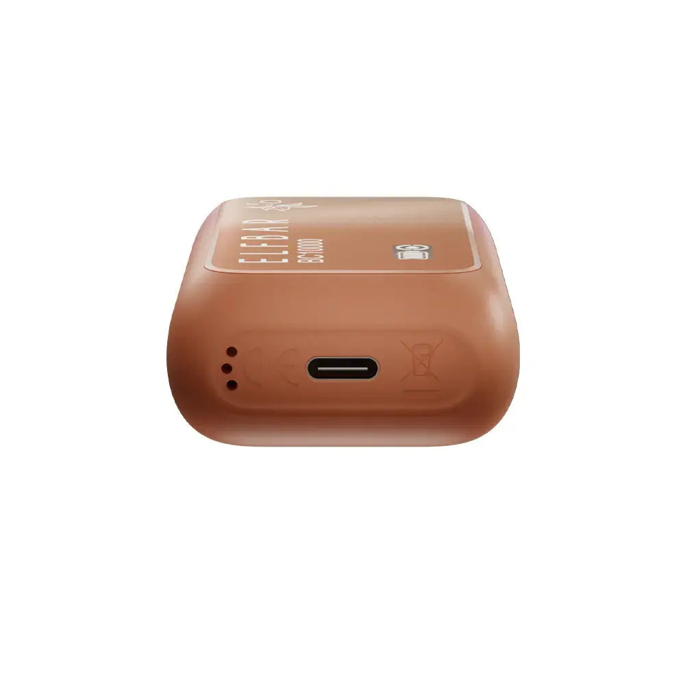 Bottom view of a bronze ELFBAR BC10000 Chilled Classic Red disposable vape showing the USB-C charging port and airflow holes against a white background.