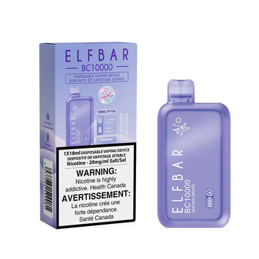 Purple ELFBAR BC10000 Sakura Grape disposable vape device shown next to its original packaging featuring a 20mg/ml nicotine salt warning label.