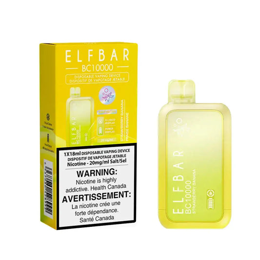 An ELFBAR BC10000 Strawberry Banana disposable vape device and its yellow cardboard packaging featuring product details and a health warning label.