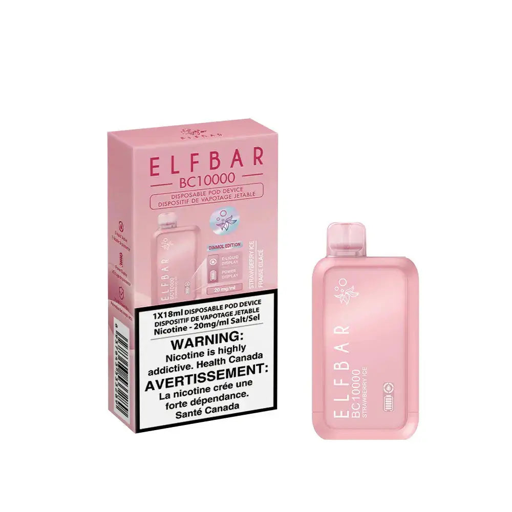An ELFBAR BC10000 Strawberry Ice disposable vape device and its pink packaging box featuring a nicotine warning label and product specifications.