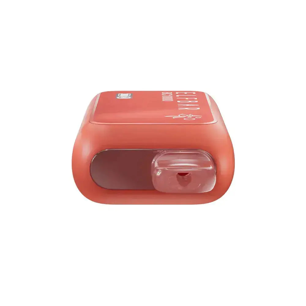 Top-down view of a red ELFBAR BC10000 Watermelon Ice disposable vape featuring a clear plastic mouthpiece and a matte finish body with the ELFBAR logo and BC10000 text visible on the side.