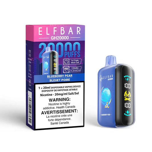 An ELFBAR GH20000 Blueberry Pear disposable vape device with a blue body and digital side screen stands next to its purple and blue retail packaging against a white background.