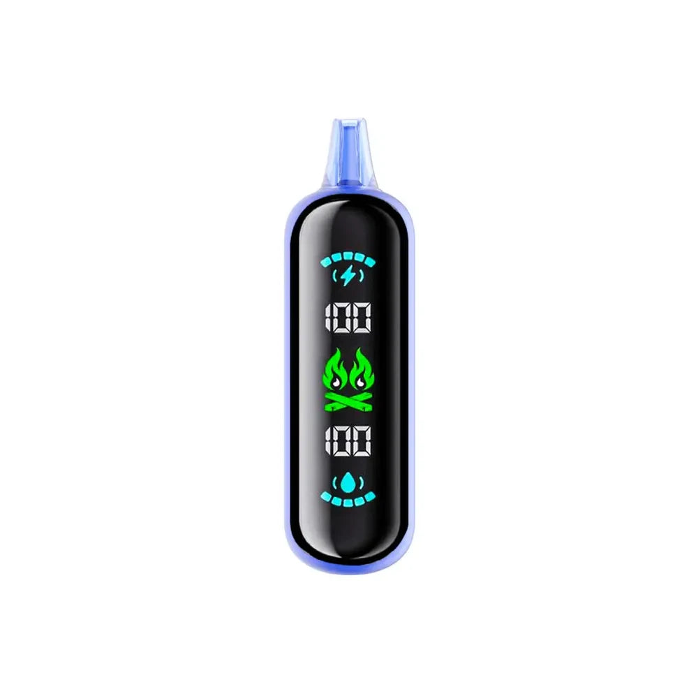 An ELFBAR GH20000 Blueberry Pear disposable vape featuring a rounded blue body and a large digital display showing battery and e-liquid levels at 100 percent with a green flame icon.