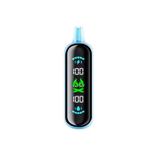 The ELFBAR GH20000 Peach Berry disposable vape features a sleek light blue body with a large black digital display showing battery and e-liquid levels at 100 percent alongside a green flame icon.
