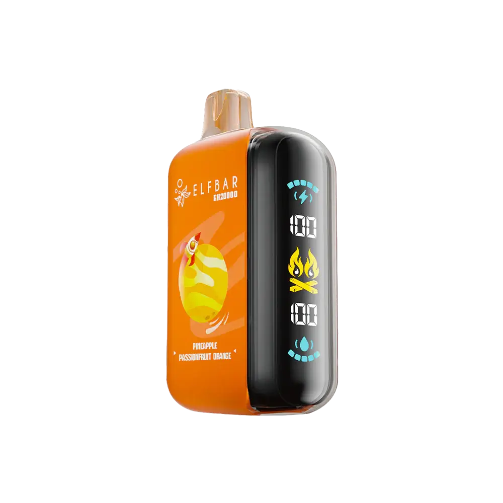 An orange ELFBAR GH20000 Pineapple Passionfruit Orange disposable vape featuring a digital side display with battery and liquid indicators and a rocket graphic on the front.