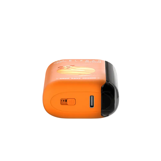 Bottom view of an orange ELFBAR GH20000 Sour Razz Orange disposable vape showing the USB-C charging port and airflow adjustment switch.