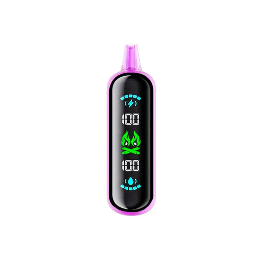 An ELFBAR GH20000 Strawberry Banana disposable vape featuring a pink outer shell and a black digital display screen showing battery and e-liquid levels at 100 percent.