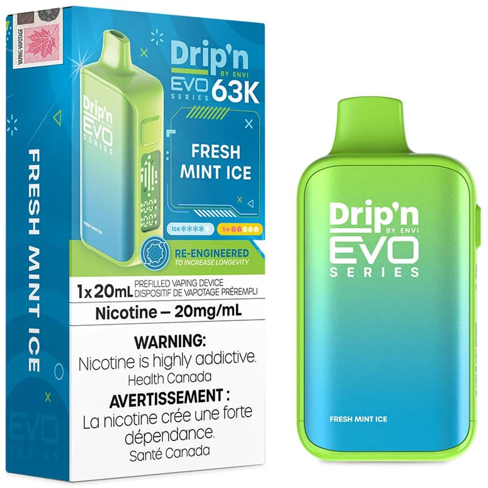 Envi Drip'n EVO Series 63K Fresh Mint Ice disposable vape device, featuring a