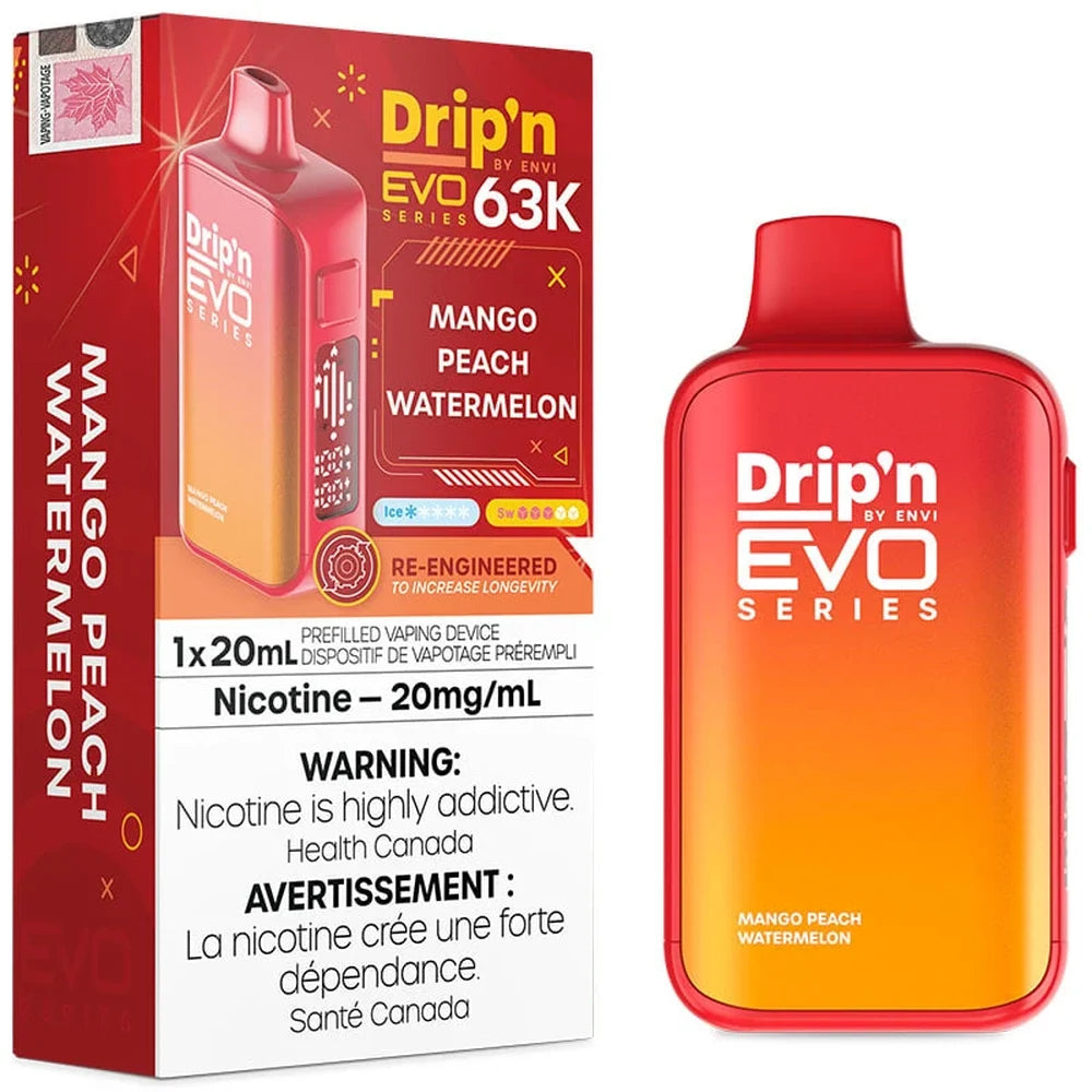 An Envi Drip'n EVO Series 63K Mango Peach Watermelon disposable vape device