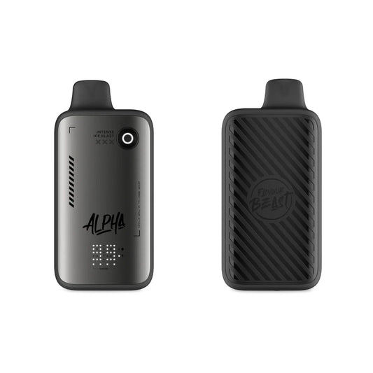 Front and back view of a Flavour Beast Alpha 80k Intense Ice Blast disposable vape featuring a metallic grey finish with a digital display screen on the left and a black textured panel with a logo on the right, set against a solid black background.
