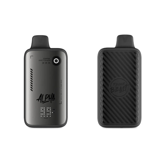 Front and back view of a Flavour Beast Alpha 80k Jumpin' Juicy Peach disposable vape in a matte grey finish, featuring a digital display screen, a mode button, and a textured grip pattern on a black background.