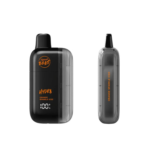 Two views of a black Flavour Beast Hydra disposable vape in the Orange Sparkle Iced flavor, featuring a digital battery display and a translucent side panel against a white background.